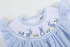 Light Blue Seersucker Easter Bunny Smocked Bishop Dress - Liz and Roo