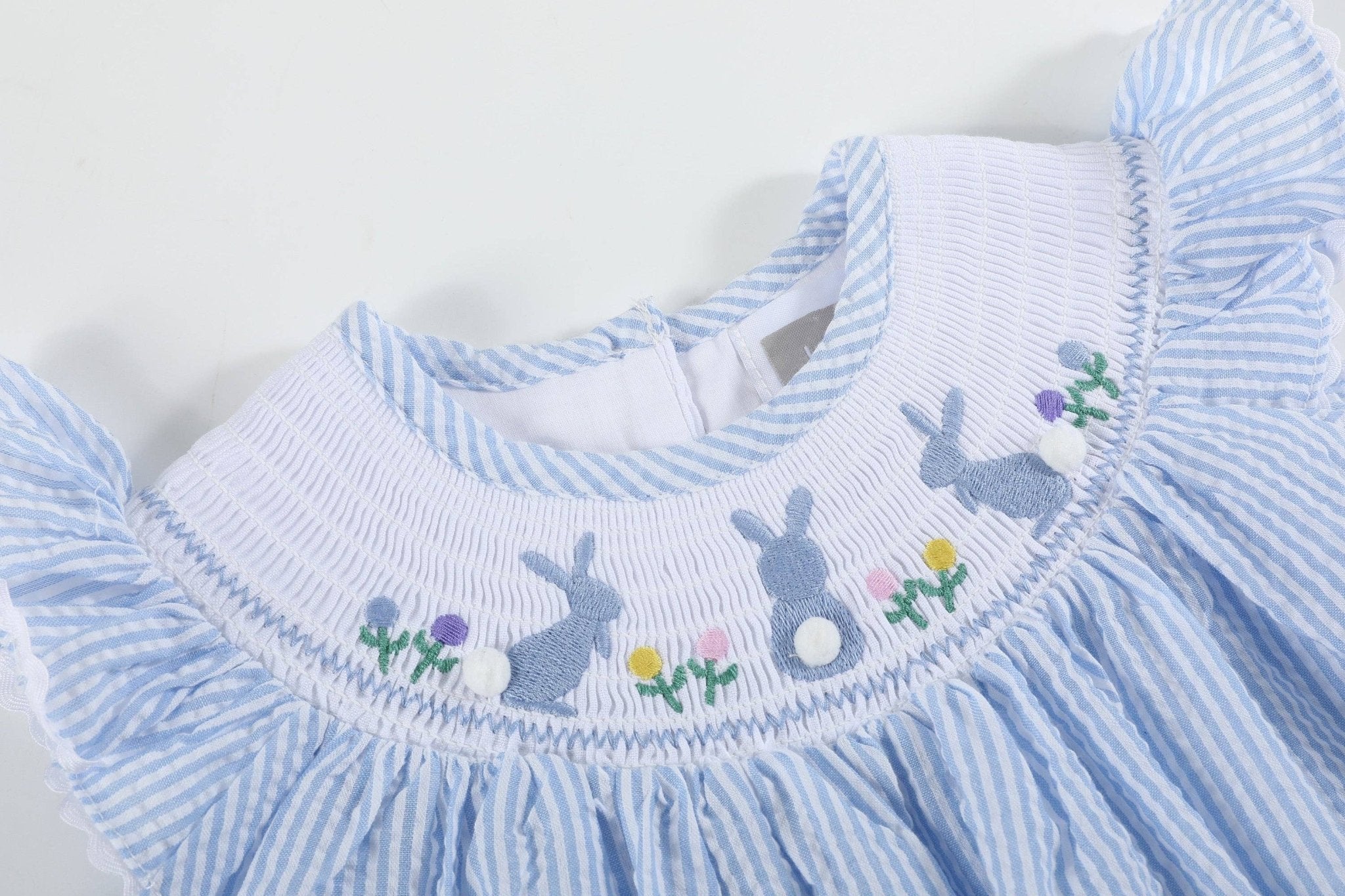 Light Blue Seersucker Easter Bunny Smocked Bishop Dress - Liz and Roo