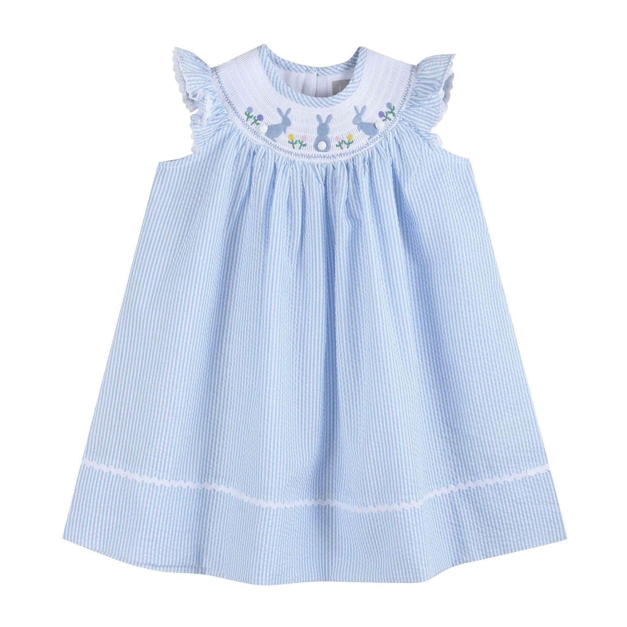 Light Blue Seersucker Easter Bunny Smocked Bishop Dress - Liz and Roo