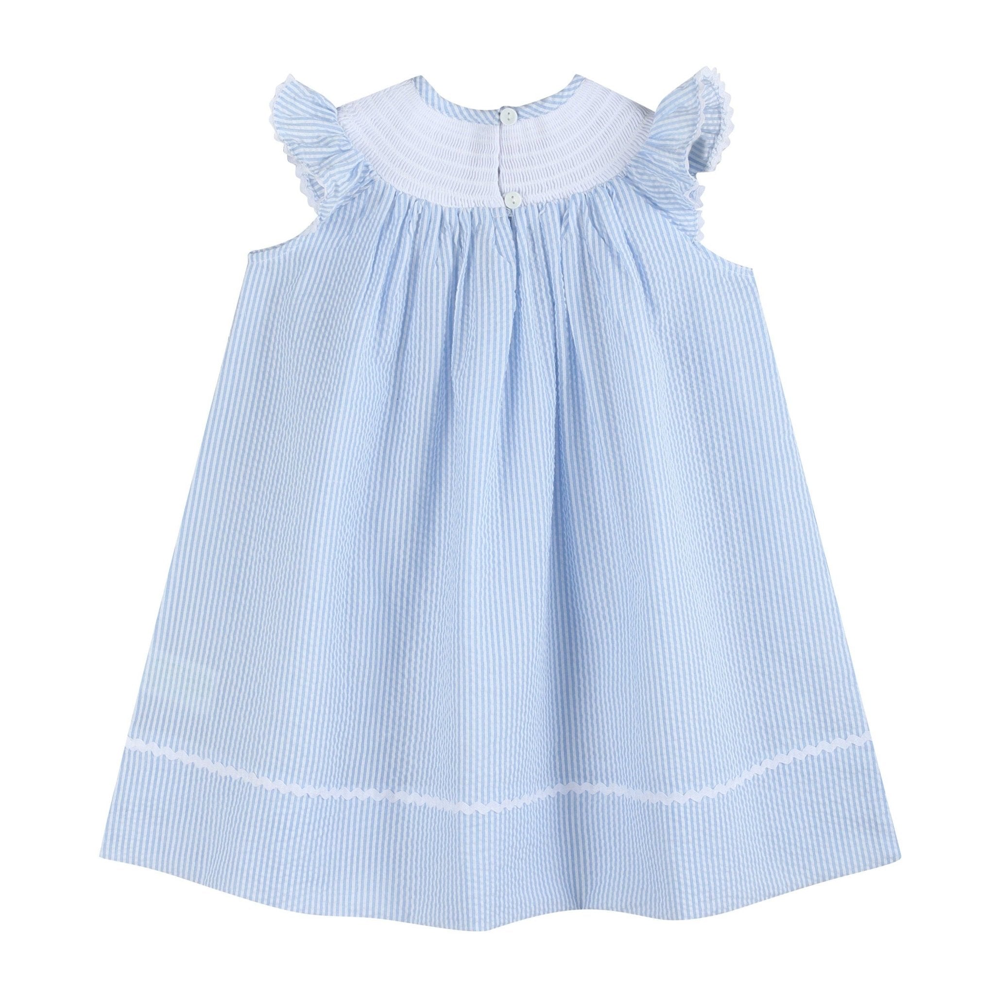 Light Blue Seersucker Easter Bunny Smocked Bishop Dress - Liz and Roo