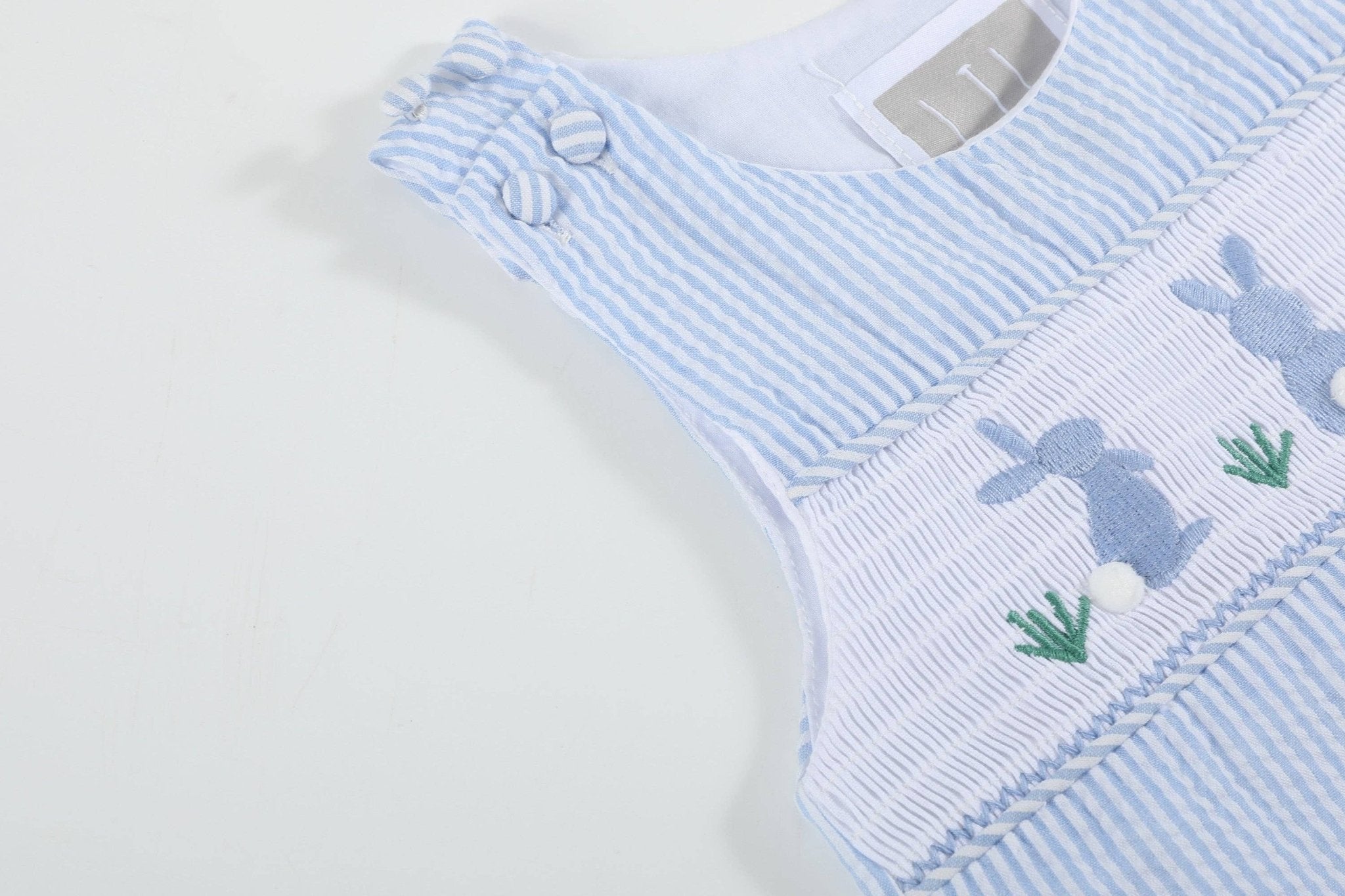 Light Blue Seersucker Easter Bunny Smocked Overalls - Liz and Roo