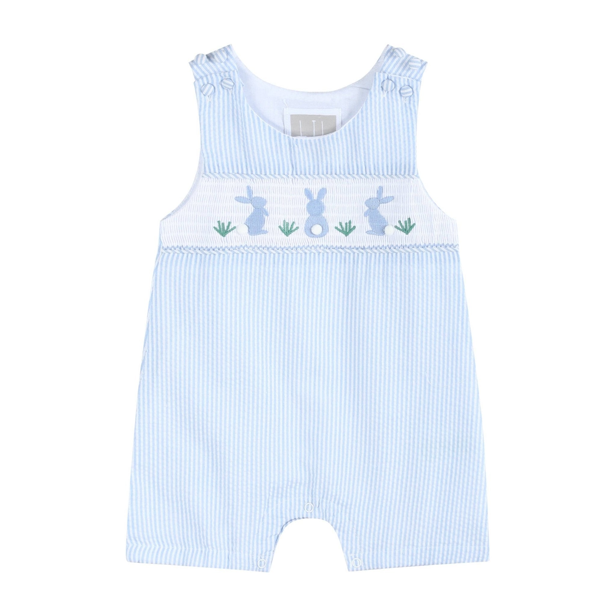 Light Blue Seersucker Easter Bunny Smocked Overalls - Liz and Roo