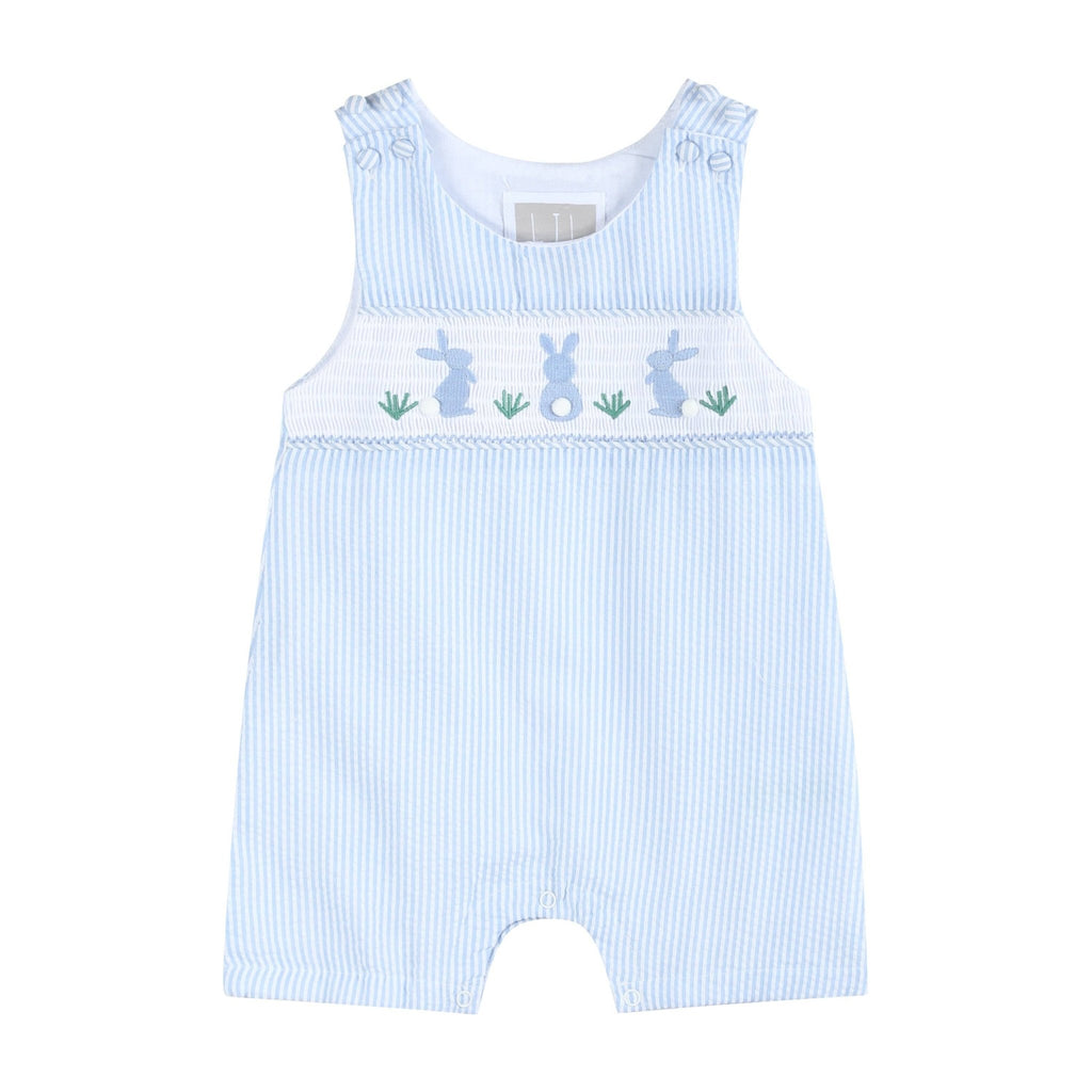 Light Blue Seersucker Easter Bunny Smocked Overalls - Liz and Roo