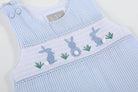Light Blue Seersucker Easter Bunny Smocked Overalls - Liz and Roo
