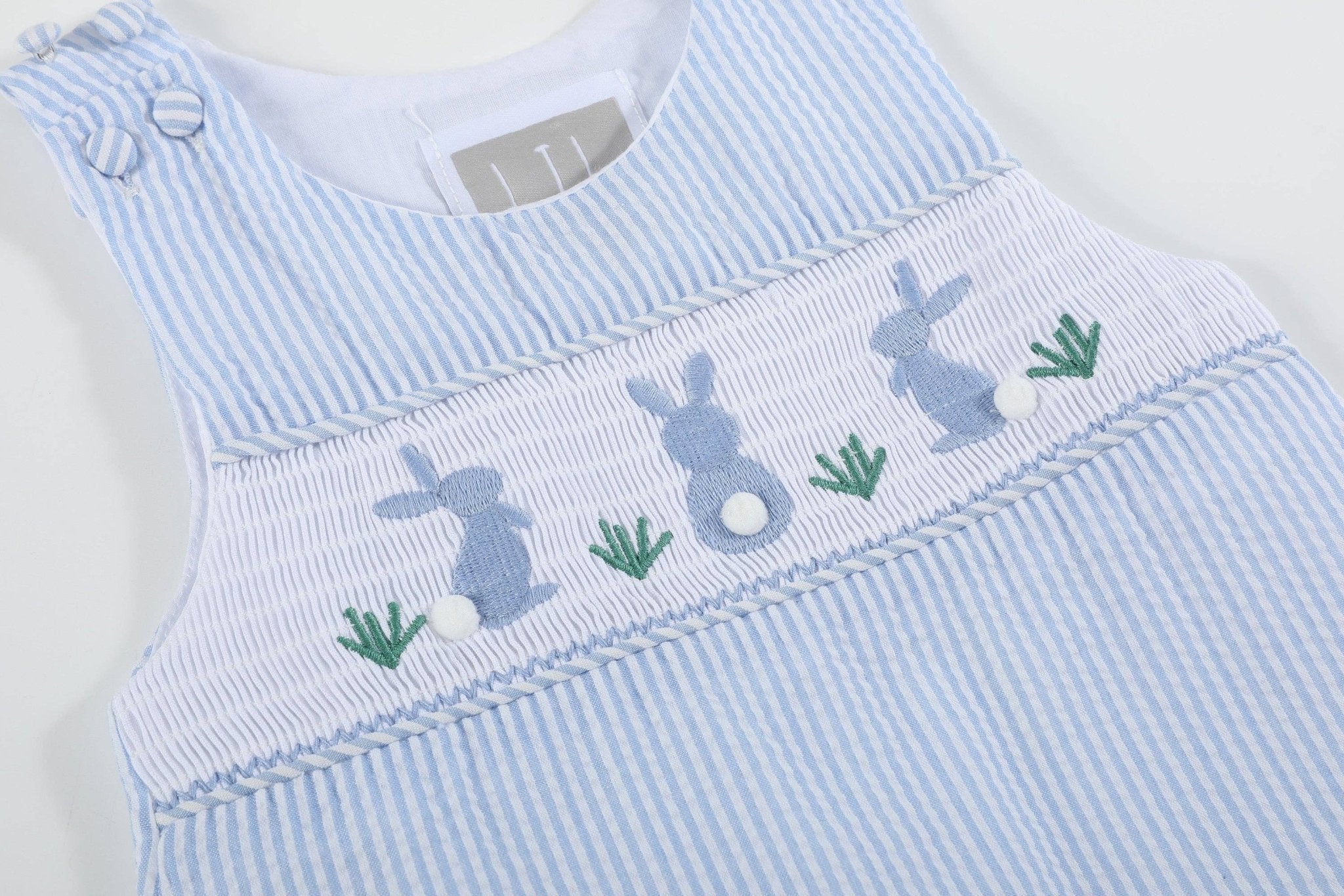 Light Blue Seersucker Easter Bunny Smocked Overalls - Liz and Roo