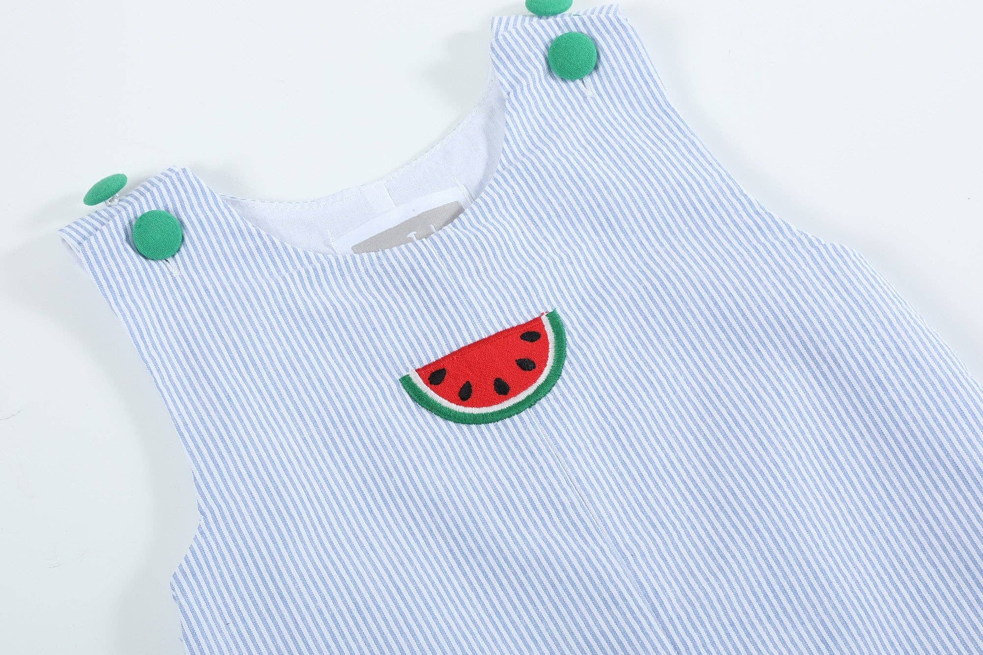 Light Blue Seersucker Watermelon Shortalls - Liz and Roo