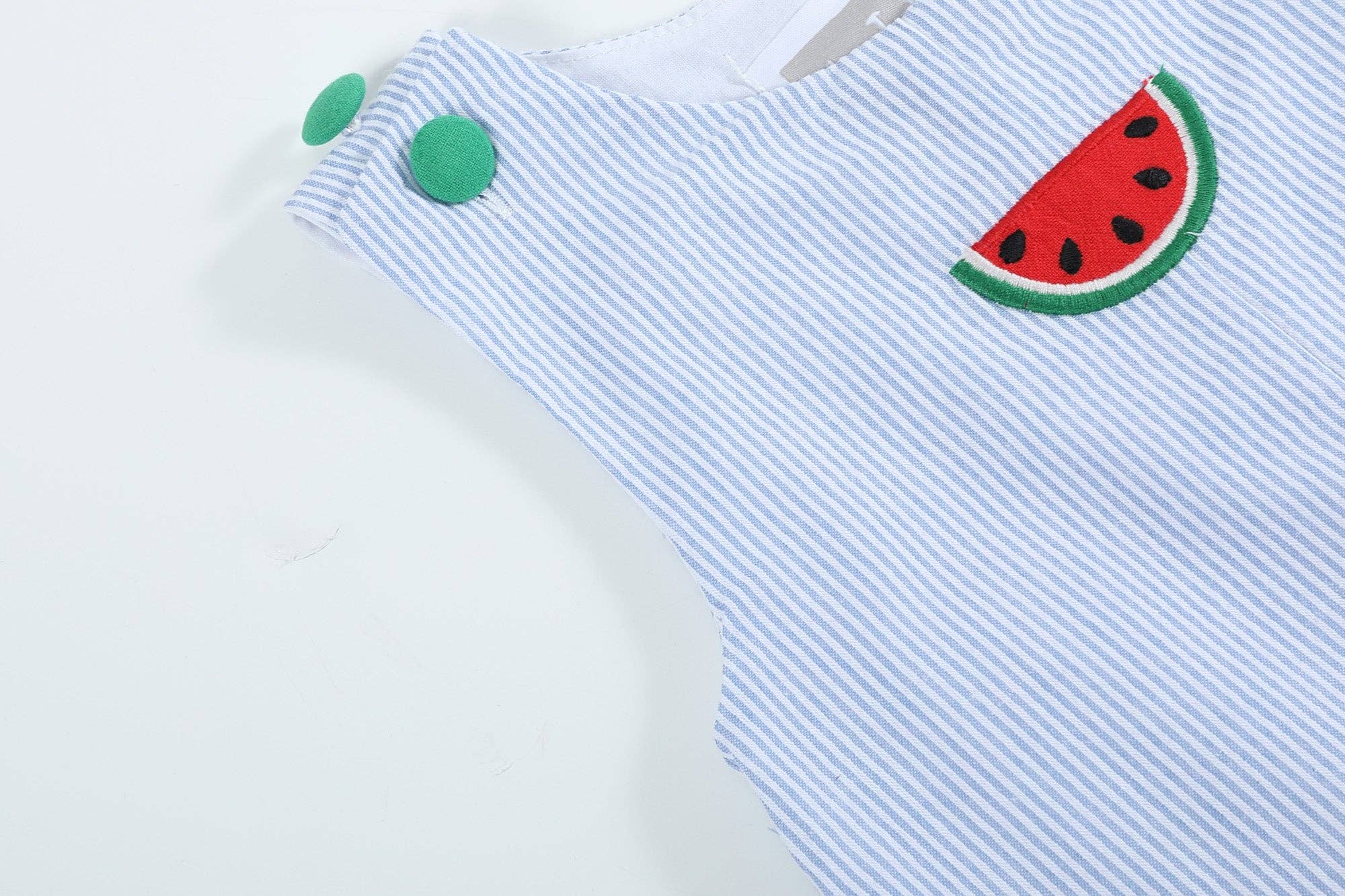 Light Blue Seersucker Watermelon Shortalls - Liz and Roo