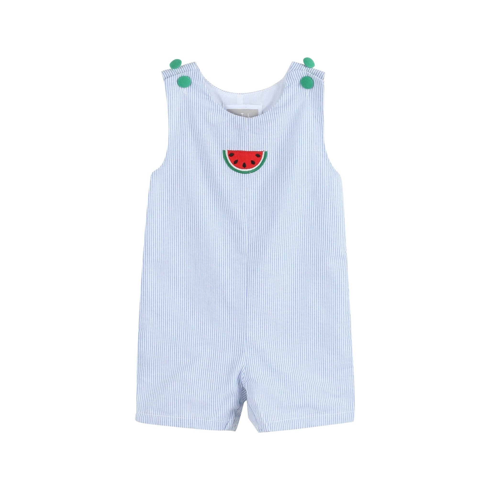 Light Blue Seersucker Watermelon Shortalls - Liz and Roo