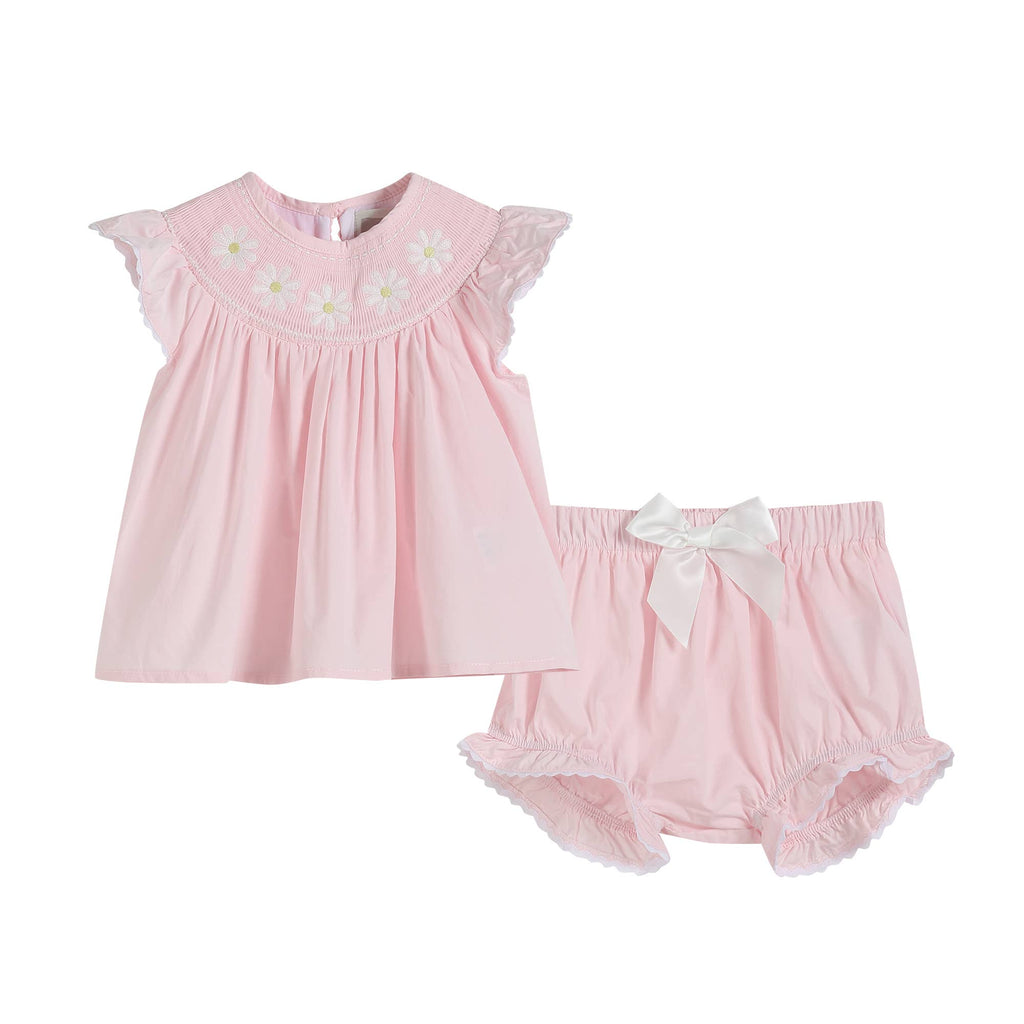Light Pink Daisy Smocked Top and Bloomer 2 pc set - Liz and Roo