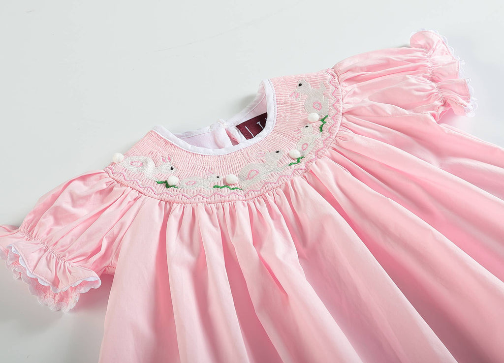 Light Pink Easter Bunny Smocked Bishop Dress - Liz and Roo