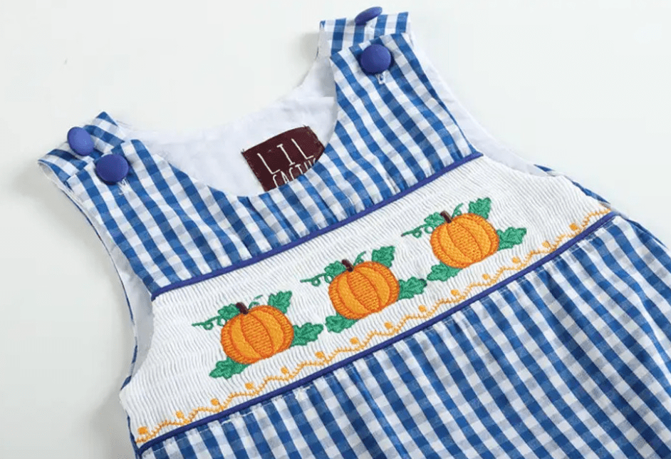 Lil Cactus Royal Blue Gingham Pumpkin Smocked Shortall - Liz and Roo