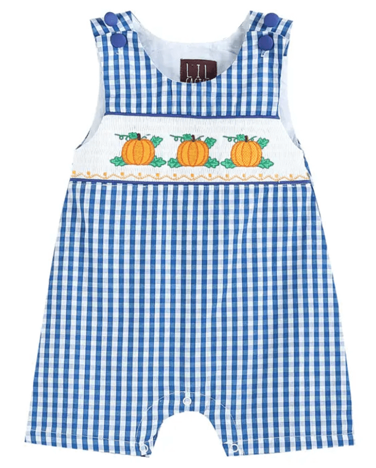 Lil Cactus Royal Blue Gingham Pumpkin Smocked Shortall - Liz and Roo