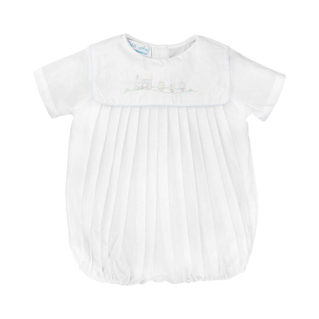 Romper with Train Embroidery in White - Liz and Roo