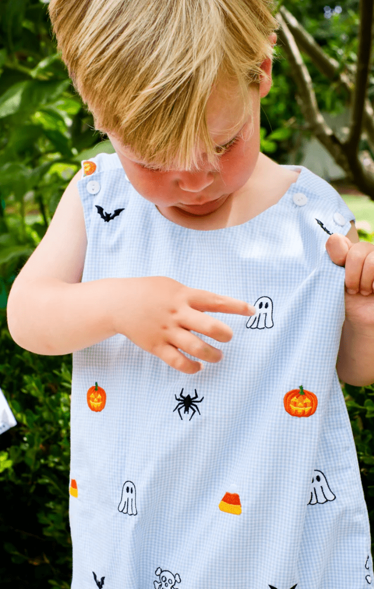 Smockingbird Halloween Embroidered Light Blue Shortall - Liz and Roo