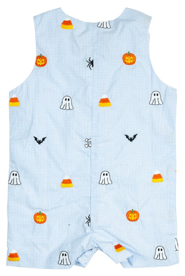 Smockingbird Halloween Embroidered Light Blue Shortall - Liz and Roo
