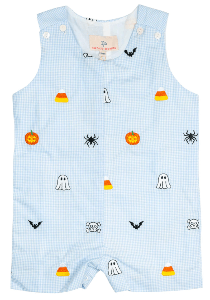 Smockingbird Halloween Embroidered Light Blue Shortall - Liz and Roo