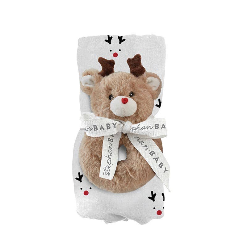 Swaddle Blanket + Plush Reindeer Rattle - Reindeer - Liz and Roo