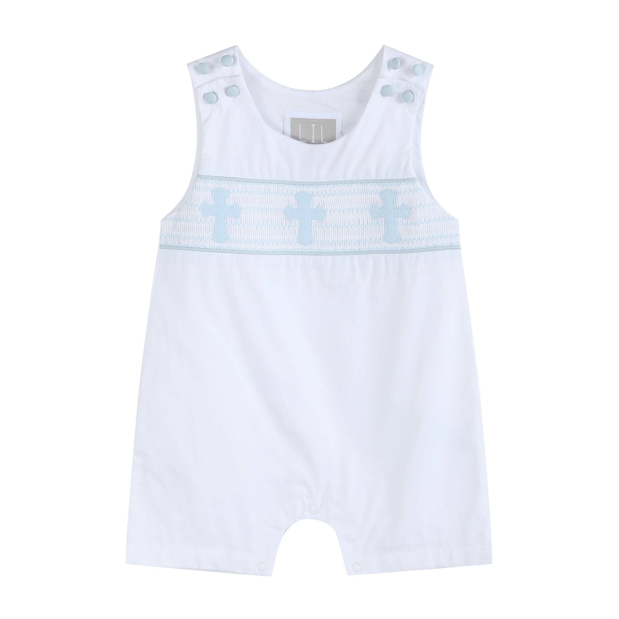 White and Blue Holy Crosses Smocked Overalls - Liz and Roo