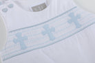 White and Blue Holy Crosses Smocked Overalls - Liz and Roo