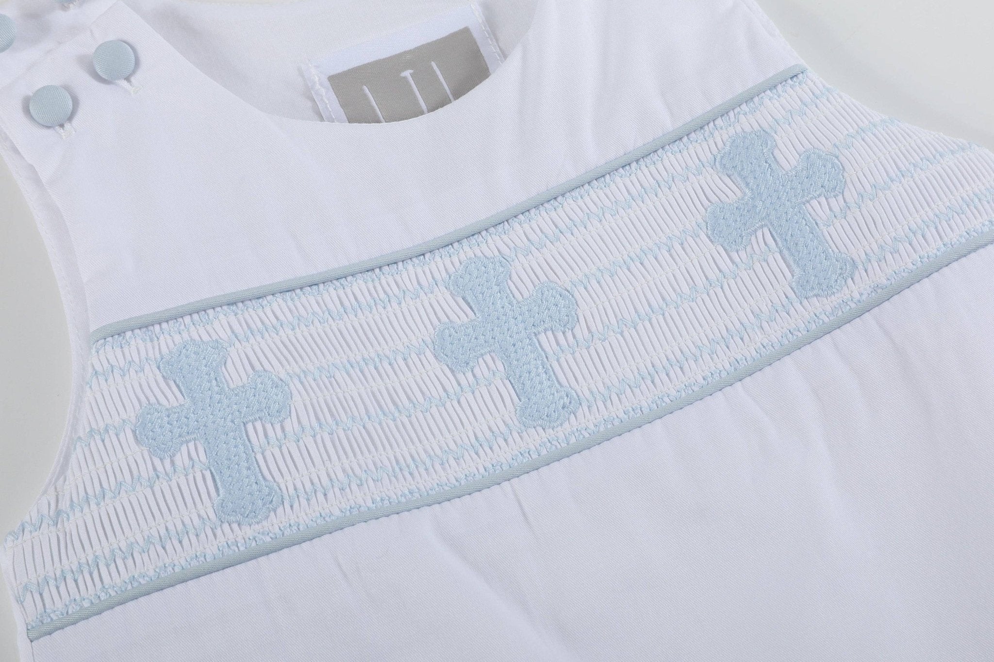 White and Blue Holy Crosses Smocked Overalls - Liz and Roo
