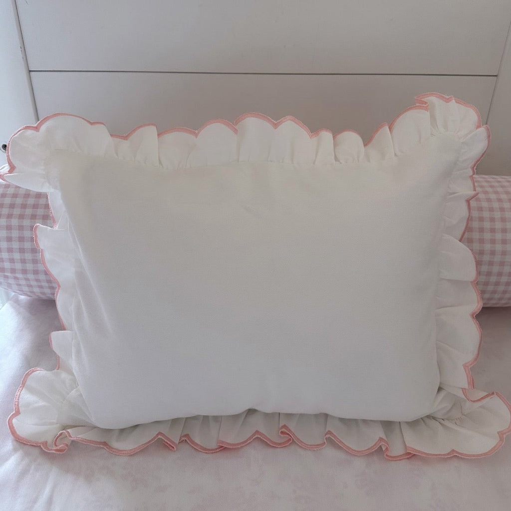 White Baby Pillow with Petal Pink Scallop Trim - Liz and Roo