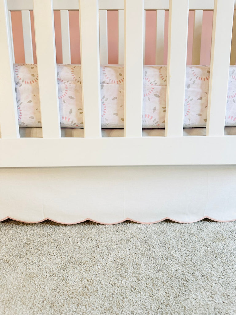 White Scalloped Crib Skirt Panel with Pink Trim - Liz and Roo