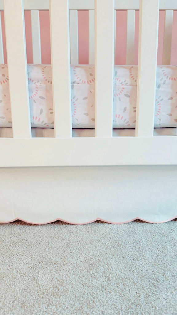 White Scalloped Crib Skirt Panel with Pink Trim - Liz and Roo