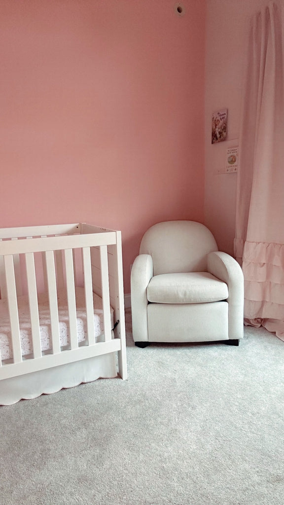 White Scalloped Crib Skirt Panel with Pink Trim - Liz and Roo