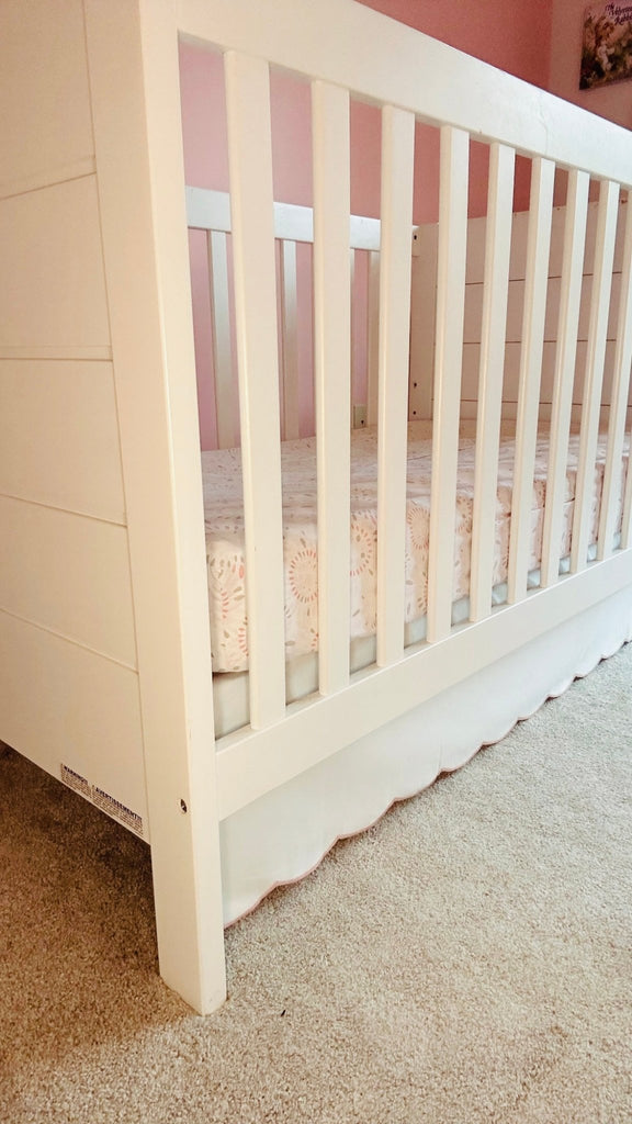 White Scalloped Crib Skirt Panel with Pink Trim - Liz and Roo