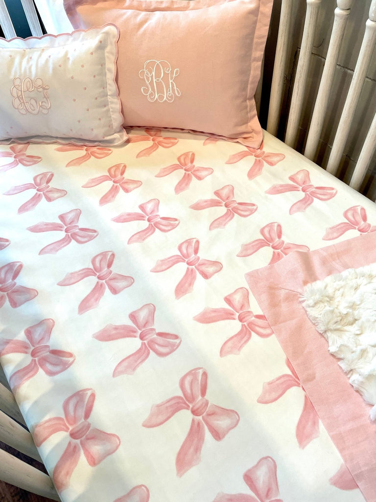 All White and Pink Linen Bedding with Petal Pink Bows Sheet 7-pc. Set - Liz and Roo