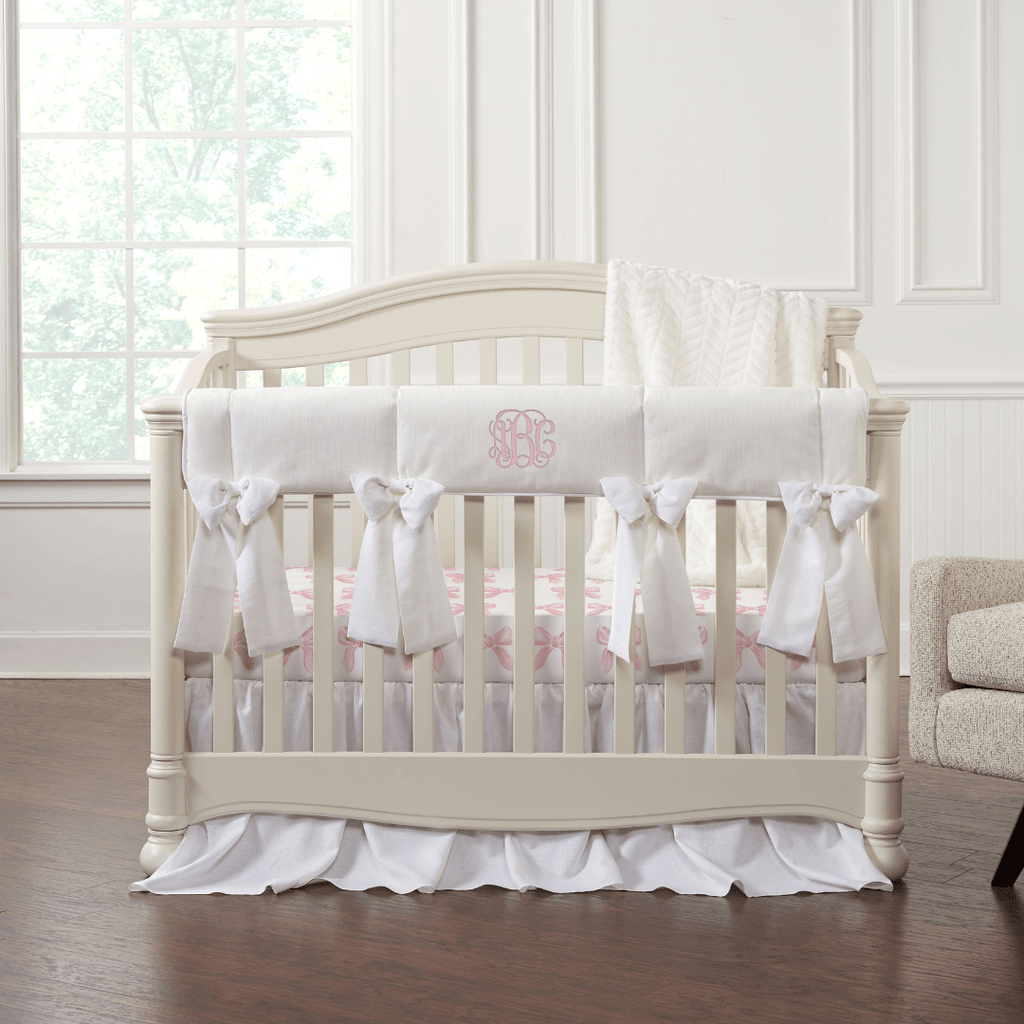 All White Linen with Petal Pink Bows Crib Sheet 8-pc. Set - Liz and Roo