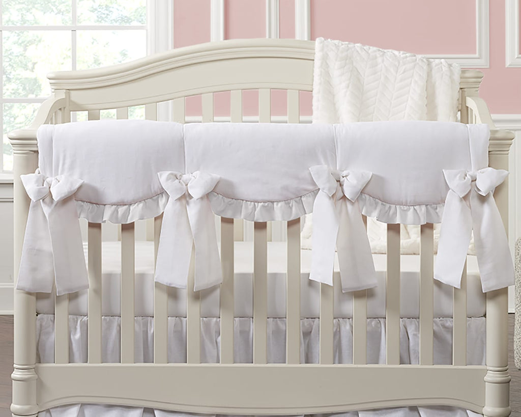 All-White Scalloped Linen Rail Cover with White Ruffle + 4 Pre-Tied Linen Bows - Liz and Roo