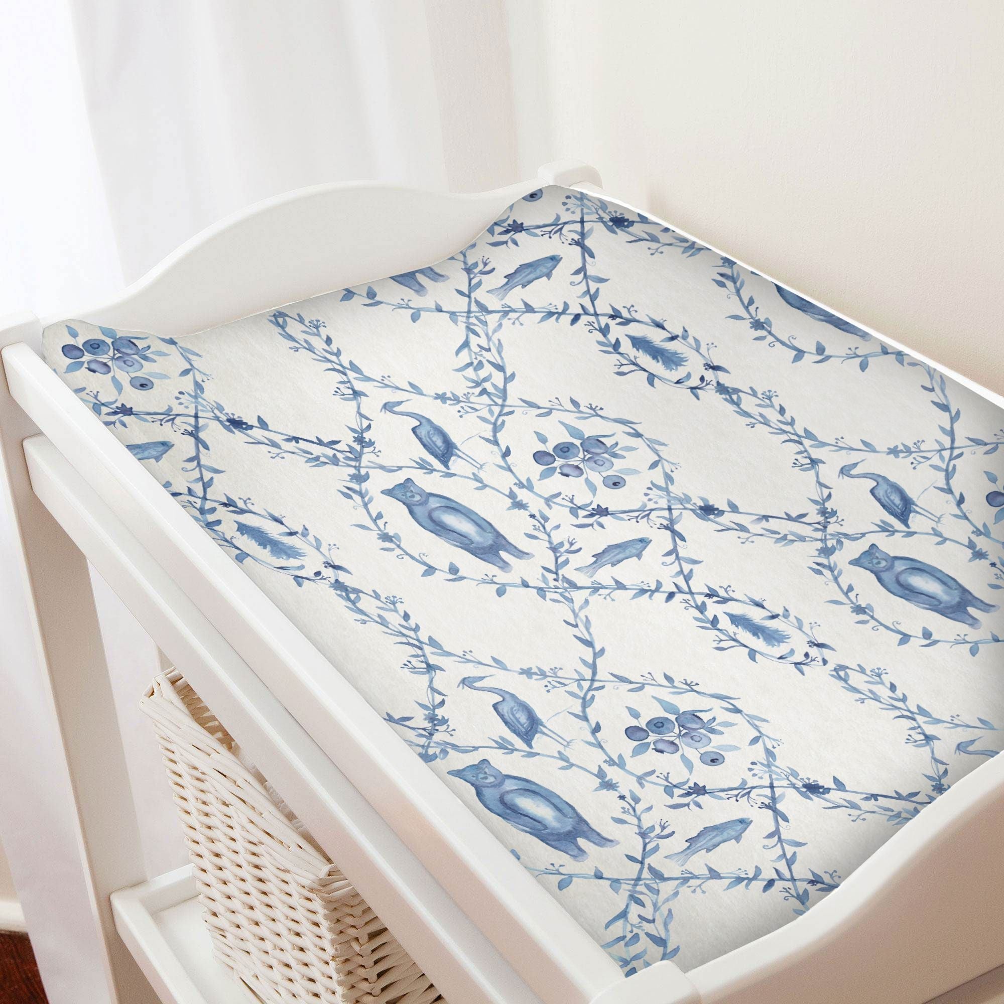 Blue- Beary Toile Changing Pad Cover - Liz and Roo