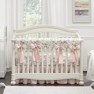 Blush Watercolor Floral 10-pc Crib Bedding Set (Pink Linen Bows