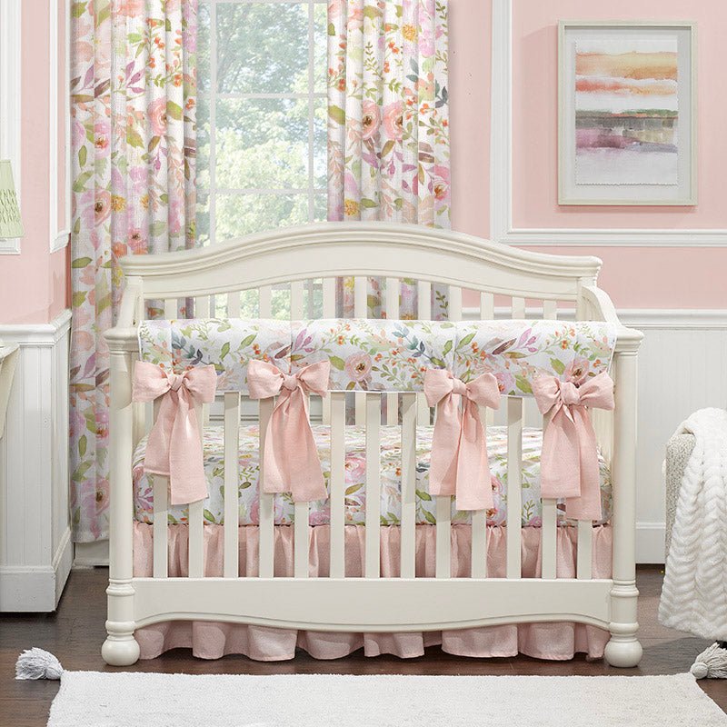 Blush Watercolor Floral 8-pc. Crib Bedding Set (Pink Linen Bows) - Liz and Roo