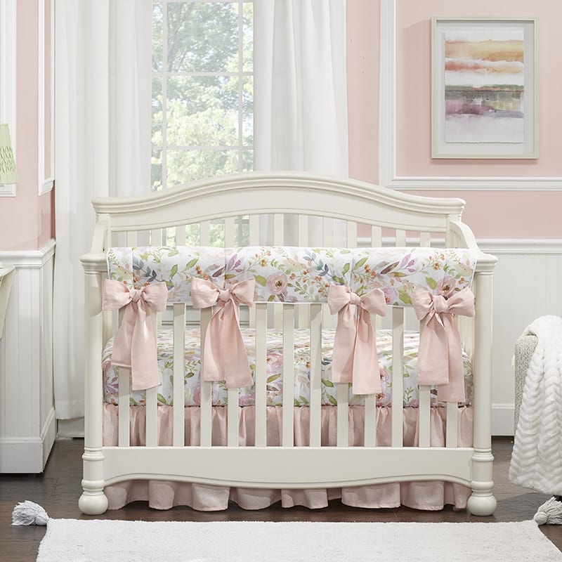 Blush Watercolor Floral 8-pc. Crib Bedding Set (Pink Linen Bows) - Liz and Roo