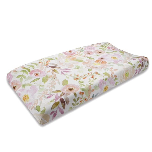 Blush Watercolor Floral Contoured Changing Pad Cover - Liz and Roo