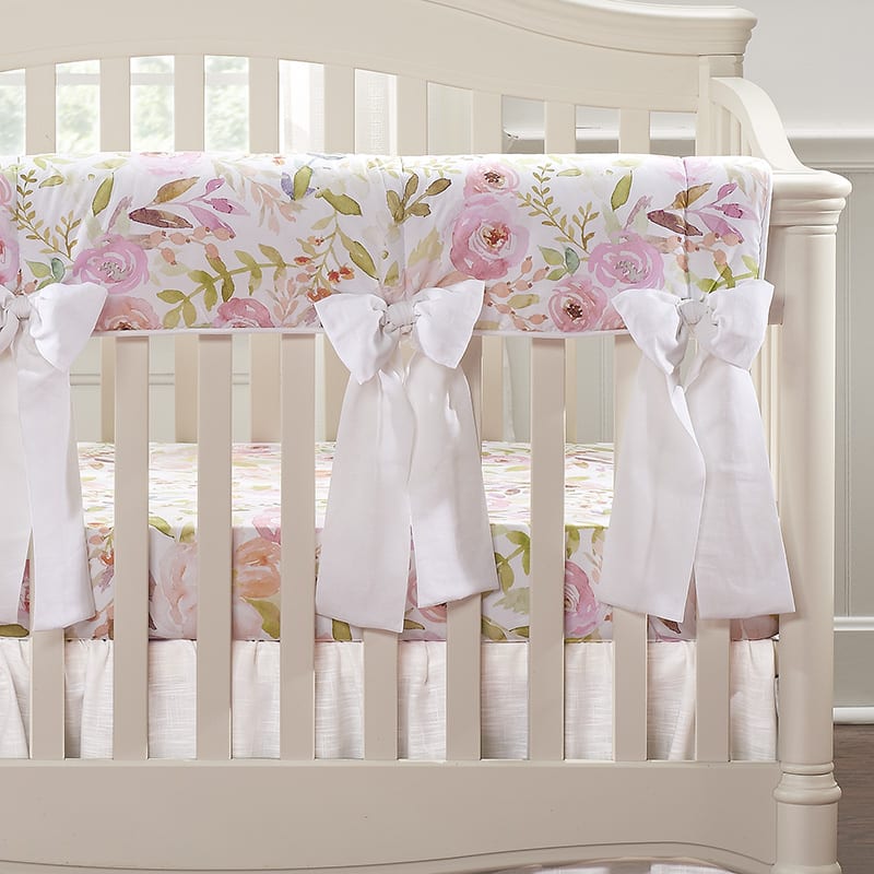 Blush Watercolor Floral Crib Rail Cover With 4 Pre-Tied Oversized Bows - Liz and Roo
