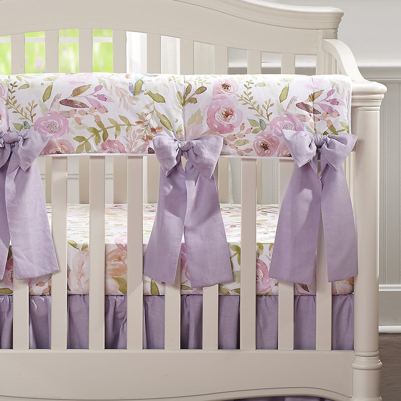 Blush Watercolor Floral Crib Rail Cover With 4 Pre-Tied Oversized Bows - Liz and Roo