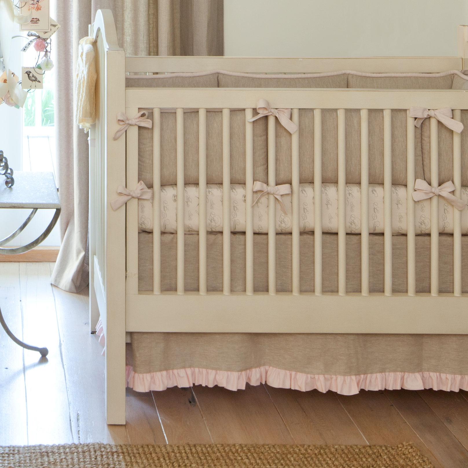 Flax Linen Crib Skirt with Petal Pink Ruffles - Liz and Roo