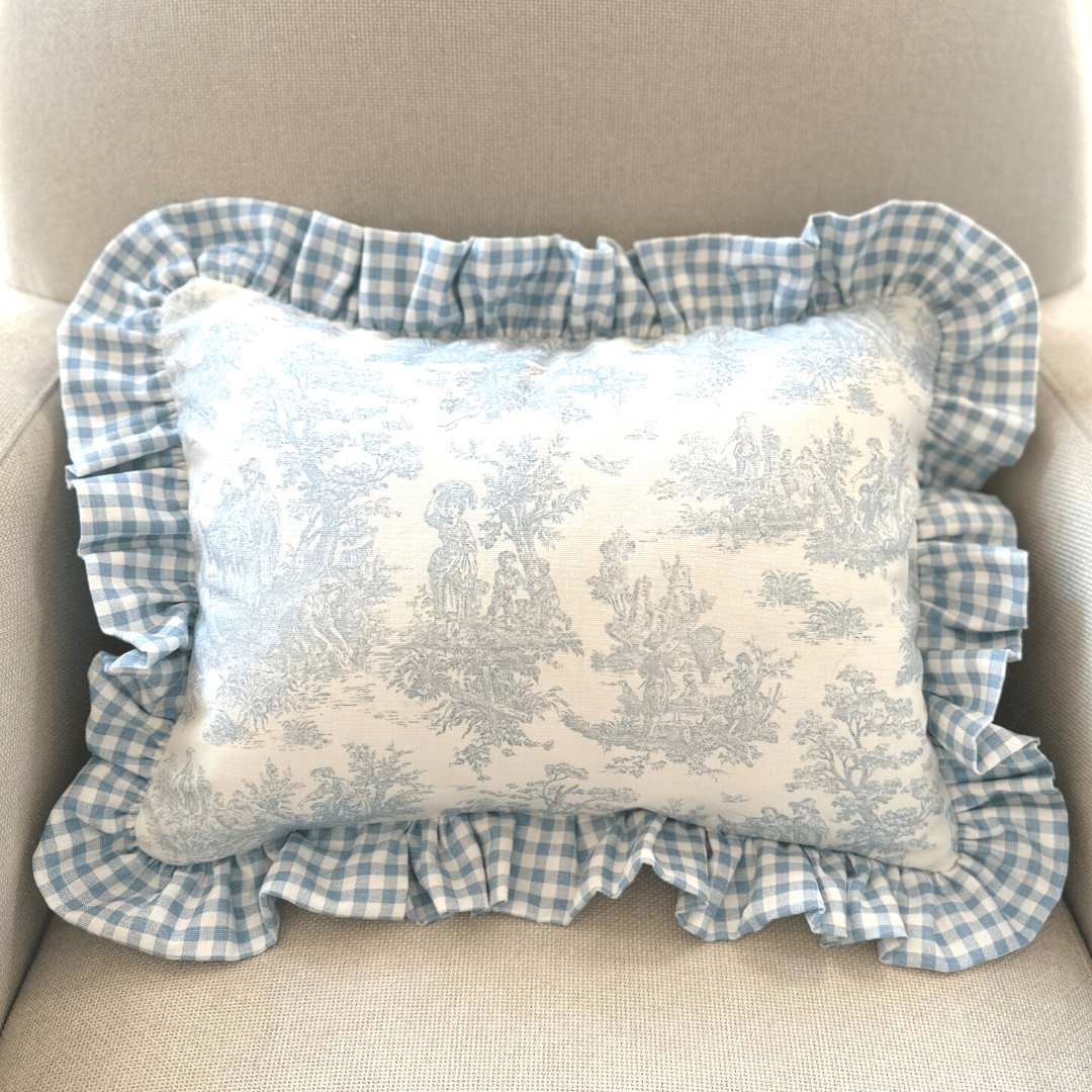 Light Blue Toile Crib Rail Cover with Gingham Ties - Liz and Roo