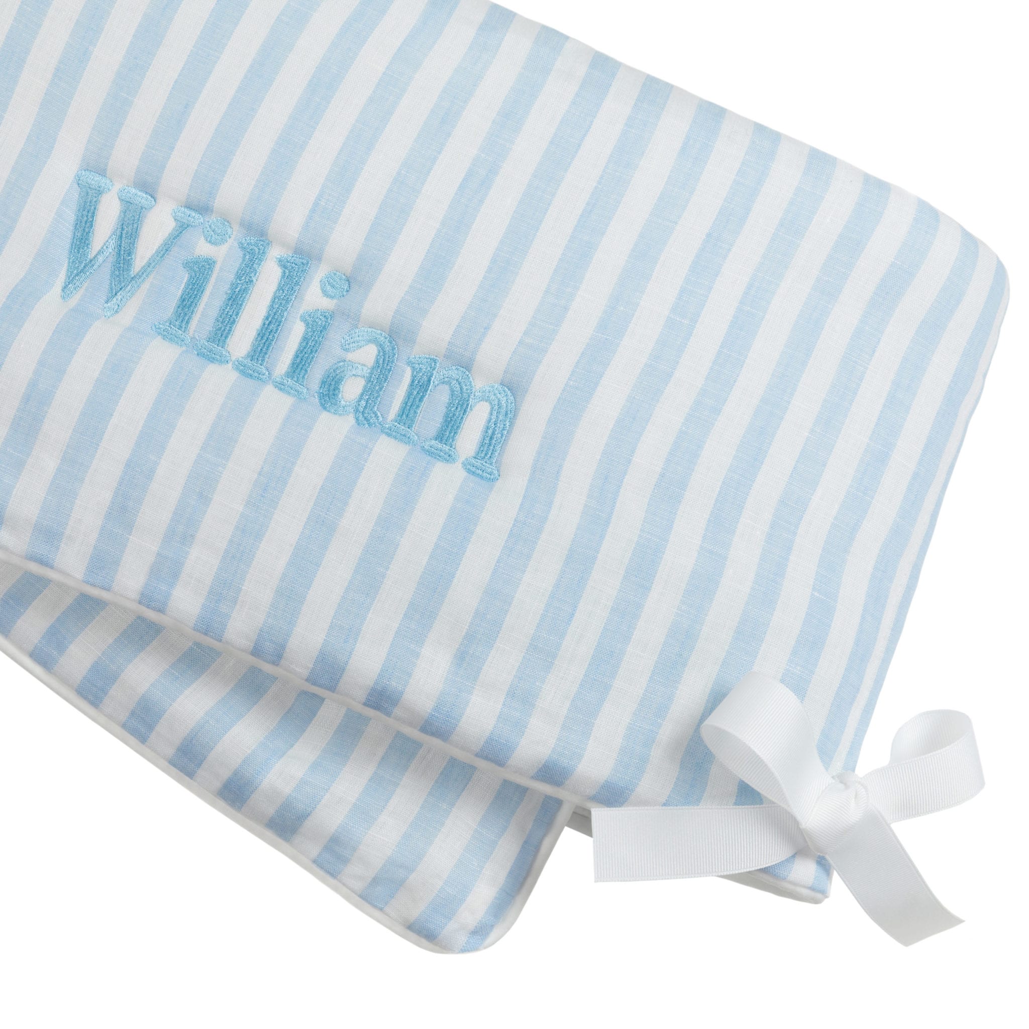 Periwinkle Blue 100% Limerick Linen Striped Crib Rail Cover - Special Order - Liz and Roo