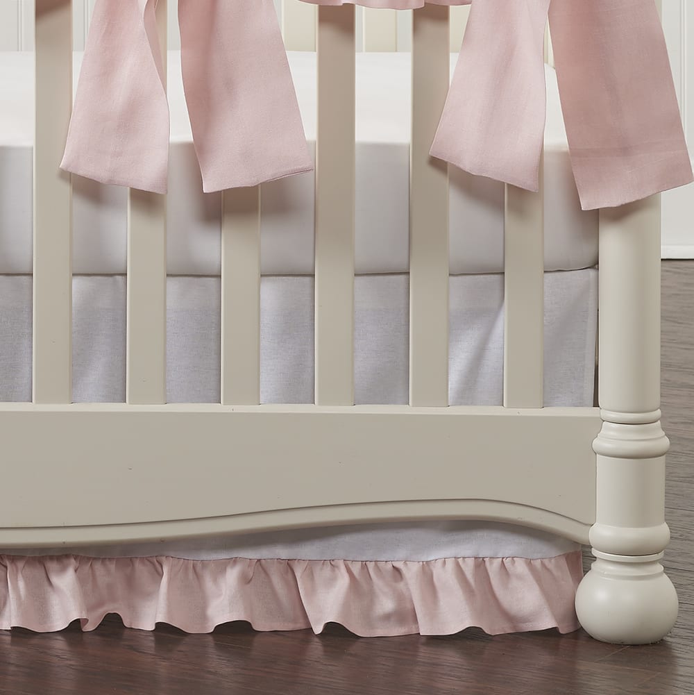 White Linen Crib Skirt with Petal Pink Ruffle - Liz and Roo